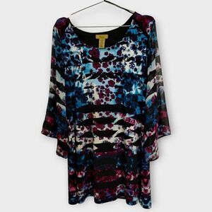 Valerie Stevens Womens Tunic Sz XL Dress Blue‎ Black Relaxed Fit Chiffon Granny